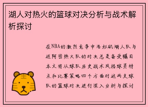 湖人对热火的篮球对决分析与战术解析探讨
