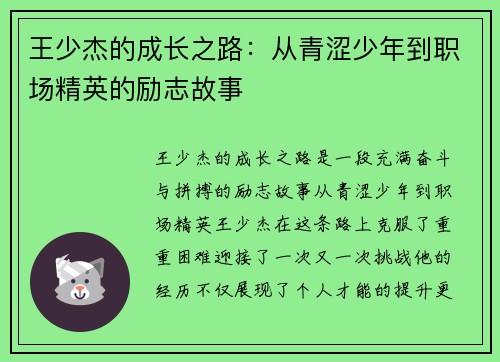 王少杰的成长之路：从青涩少年到职场精英的励志故事