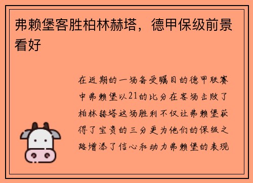 弗赖堡客胜柏林赫塔，德甲保级前景看好