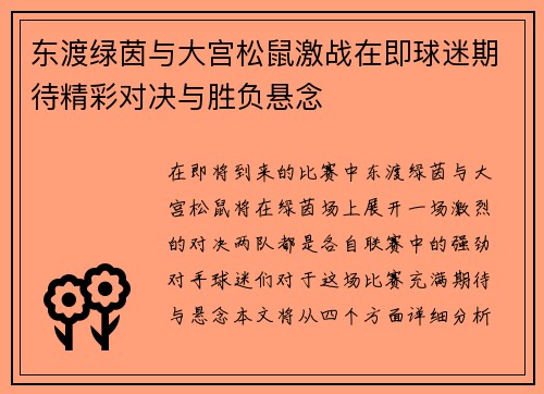 东渡绿茵与大宫松鼠激战在即球迷期待精彩对决与胜负悬念