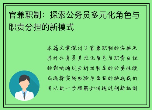 官兼职制：探索公务员多元化角色与职责分担的新模式