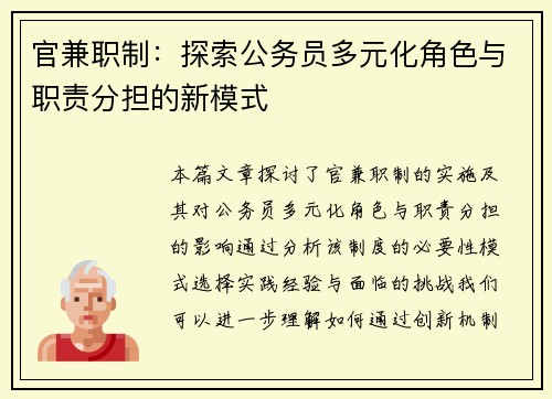 官兼职制：探索公务员多元化角色与职责分担的新模式