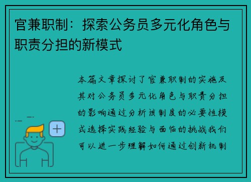 官兼职制：探索公务员多元化角色与职责分担的新模式