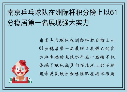南京乒乓球队在洲际杯积分榜上以61分稳居第一名展现强大实力