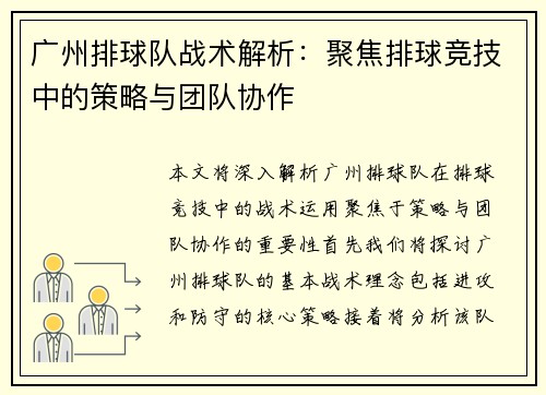 广州排球队战术解析：聚焦排球竞技中的策略与团队协作