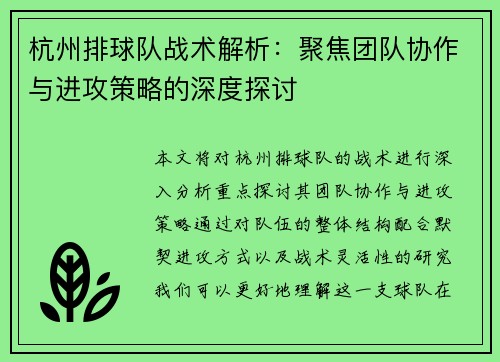 杭州排球队战术解析：聚焦团队协作与进攻策略的深度探讨