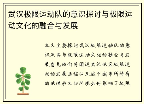 武汉极限运动队的意识探讨与极限运动文化的融合与发展