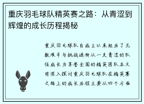 重庆羽毛球队精英赛之路：从青涩到辉煌的成长历程揭秘